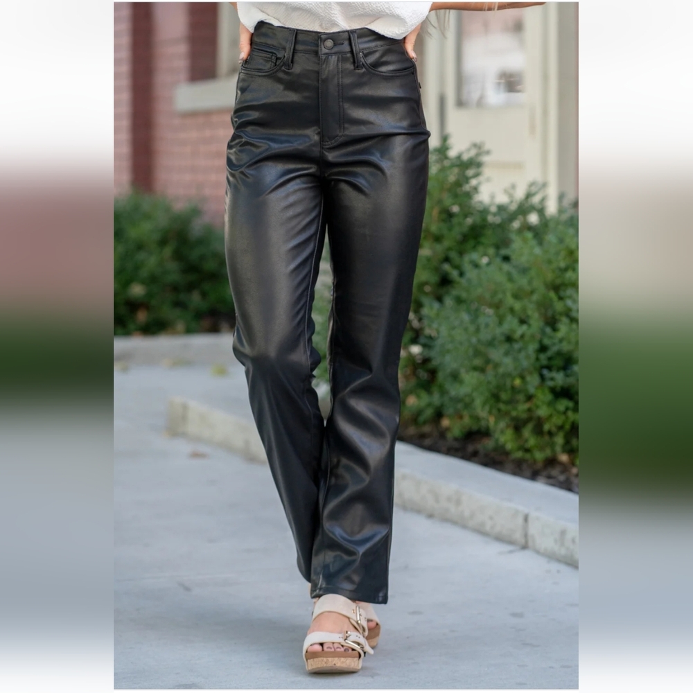 NWT Judy Blue Straight Black Faux Leather Tummy Control High Rise Pants 9/29
